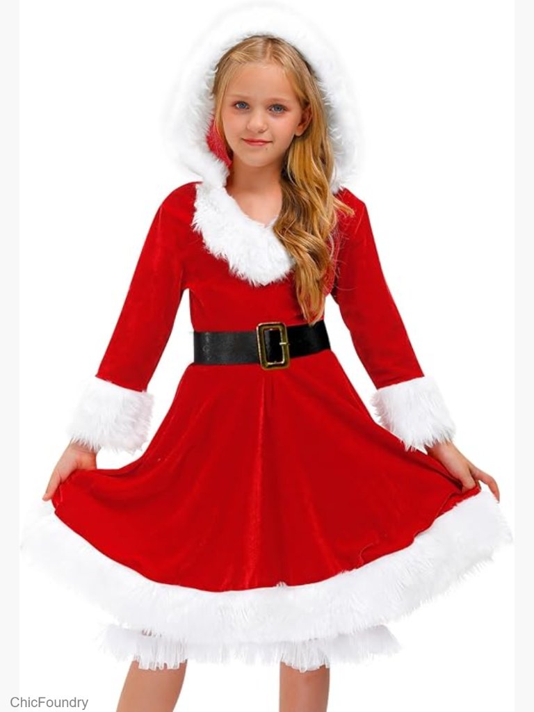 Girls Mrs. Santa Claus Costume Red Velvet Hoodie Dress Belt 4-14